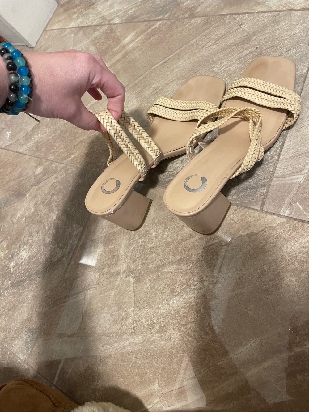 Braided Strap Beige Block Heel Sandals - Women's